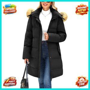 Long Puffer Down Parka Hooded Jacket Detachable Fur Warm Winter Coat